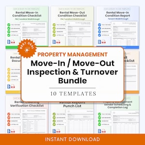 May include: A bundle of 10 property management templates for move-in, move-out, inspection, and turnover. Includes checklists, reports, and logs. The templates are fully editable and ready to use, with options to add branding and download in Word/PDF format.