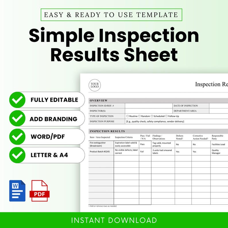 Simple Inspection Results Sheet Template – Word & PDF, A4 + US Letter ...