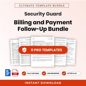 Könnte beinhalten: Ein digitales Dokumenten-Set mit dem Titel Ultimate Template Bundle für die Abrechnung und Zahlungsnachverfolgung von Sicherheitsdiensten. Es enthält 11 Profi-Vorlagen, Word- und PDF-Symbole, bearbeitbaren Text und A4-Formate.