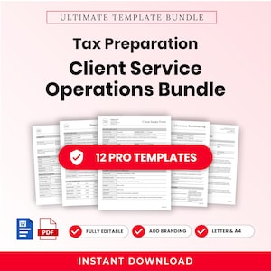 Könnte beinhalten: Ein digitales Dokumentenpaket mit dem Titel Ultimate Template Bundle Tax Preparation Client Service Operations Bundle mit 12 Profi-Vorlagen. Das Set enthält bearbeitbare Formulare für die Kundenbetreuung in Word- und PDF-Formaten.