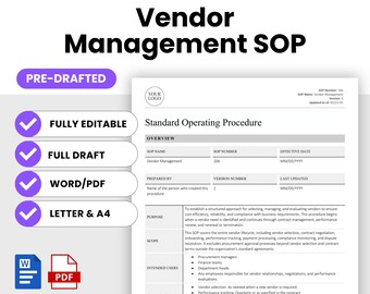 Vendor Management SOP Template (Word, PDF) | Simple Standard Operating Procedure Template | Human Resources Business Document