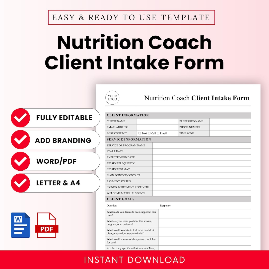 Nutrition Coach Client Intake Form Template – Word & PDF, A4 + US ...