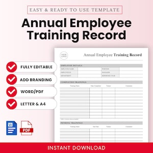 Annual Employee Training Record Template (Word, PDF) | Employee Training Plan, Training Tracker, Training Record, Training Template