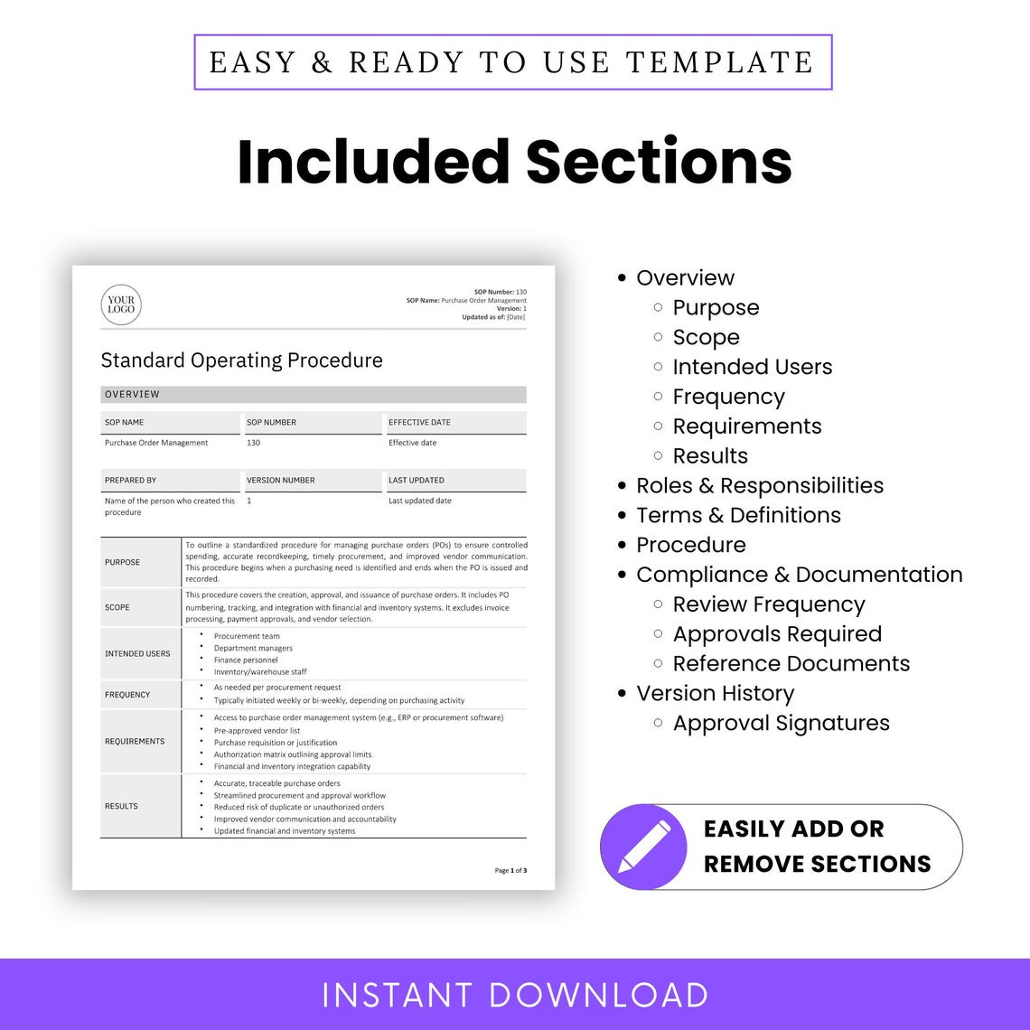 Purchase Order Management SOP Template (word, PDF) | Simple Standard ...
