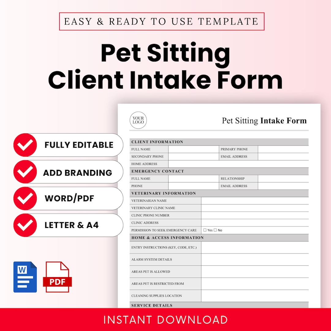Pet Sitting Client Intake Form Template – Word & PDF, A4 + US Letter - Etsy