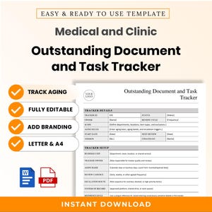 Pode incluir: Um modelo digital para um rastreador de documentos e tarefas médicas e clínicas. O documento apresenta seções para detalhes e configuração do rastreador, incluindo campos para ID, proprietário, escopo, regras de envelhecimento e ciclos.