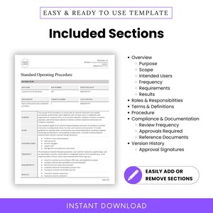 SOP template section overview including purpose, scope, intended users, requirements, results, procedures, and version history. Fully customizable for consistent customer service practices.