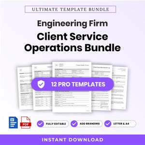 Könnte beinhalten: Ein digitales Dokumenten-Set mit dem Titel Ultimate Template Bundle Engineering Firm Client Service Operations Bundle mit 12 Profi-Vorlagen. Die weißen Seiten enthalten Formulare mit Word- und PDF-Symbolen am unteren Rand.