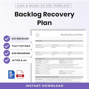 May include: A digital template for a Backlog Recovery Plan document. The layout includes sections for overview, plan details, and purpose. Features include text fields for document name, owner, and objectives. Icons for Word and PDF are visible.