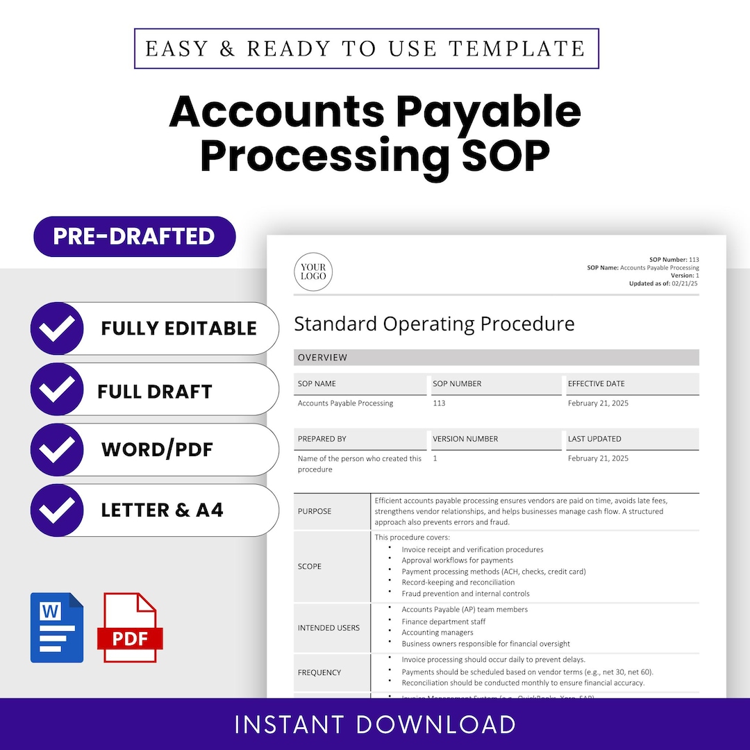 Accounts Payable Processing SOP Template (word, PDF) | Simple Standard ...