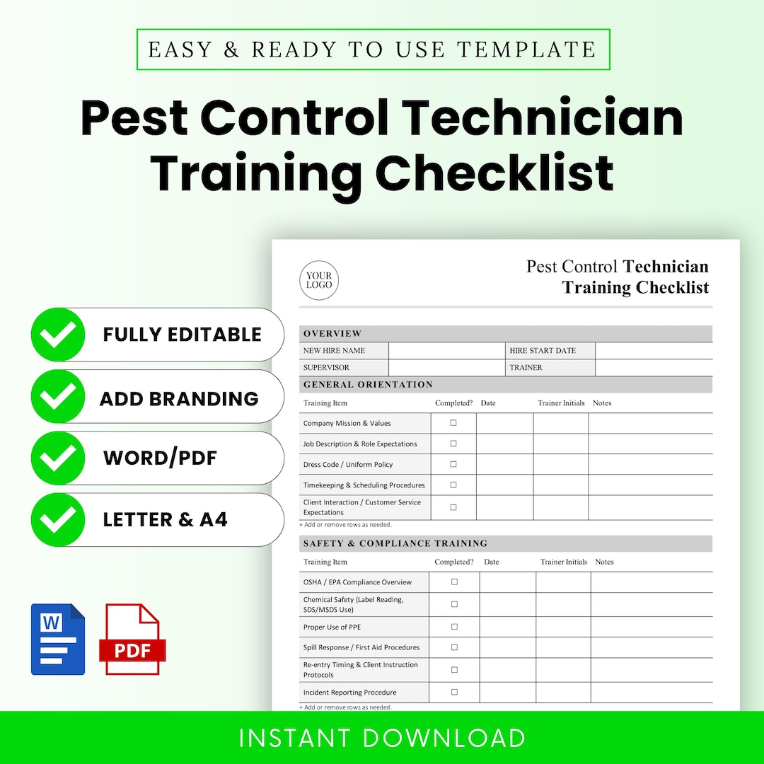 Example Technician Checklist Pest Control Technician Training Checklist Template - Word & PDF, A4 ...