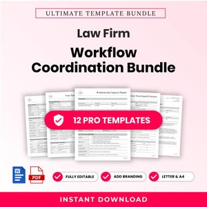 Può includere: Un pacchetto di documenti digitali intitolato Ultimate Template Bundle Law Firm Workflow Coordination Bundle contenente 12 modelli professionali, completamente modificabili, con opzioni di branding, disponibili in formato letter e A4, inclusi file Word e PDF.