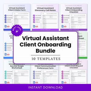 Könnte beinhalten: Ein Paket mit 10 Vorlagen für die Kunden-Onboarding von virtuellen Assistenten, einschließlich Formulare, Checklisten und Arbeitsblätter. Das Paket ist vollständig editierbar und enthält Branding-Optionen, Word/PDF-Formate und die Größen Letter/A4. Der Text "Virtual Assistant Client Onboarding Bundle" ist zu sehen.