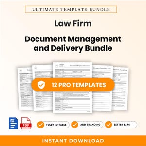 May include: A digital document management and delivery bundle for law firms, featuring 12 pro templates including a document request checklist, transmittal form, and receipt log. The set includes Word and PDF file formats, fully editable.