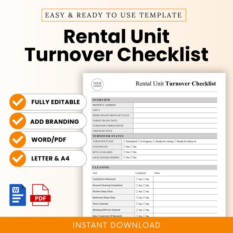 Rental Unit Turnover Checklist Template – Word & PDF, A4 + US Letter - Etsy