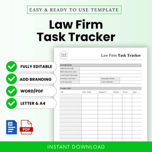 May include: A white Law Firm Task Tracker template with green accents. The document includes sections for overview and task lists. Text includes "Fully Editable," "Add Branding," "Word/PDF," and "Letter & A4."