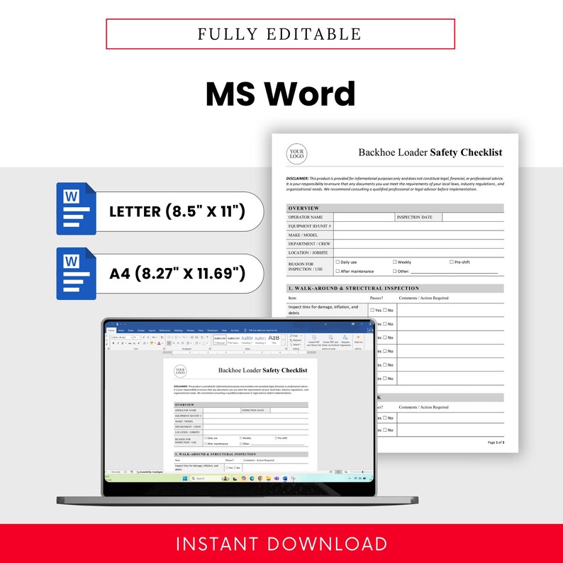 Loader Checklist Format Backhoe Loader Safety Checklist Template – Word & PDF, A4 + US Letter ...