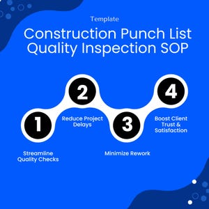 Bold graphic listing top 4 benefits of the template: streamline quality checks, reduce project delays, minimize rework, and boost client trust and satisfaction.