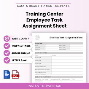 Training Center Employee Task Assignment Sheet Template – Word & PDF, A4 + US Letter