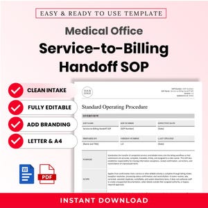May include: A Medical Office Service-to-Billing Handoff SOP template featuring a document preview with sections for overview, purpose, and scope. The graphic includes red checkmark icons next to text labels like Clean Intake and Fully Editable.