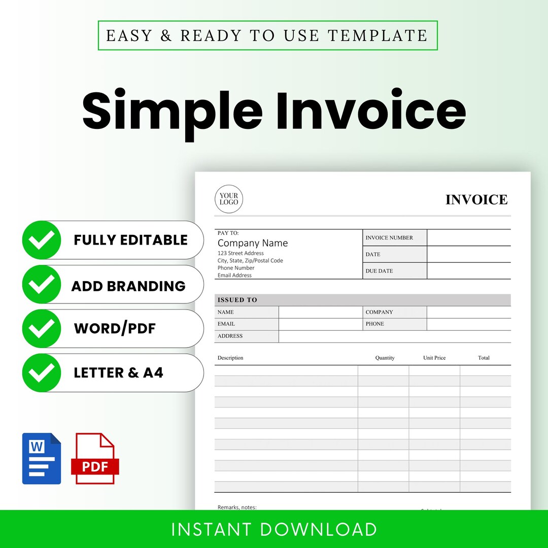 Sample Invoice Statement Pdf Simple Invoice Template (word, PDF) Invoice Template Editable ...