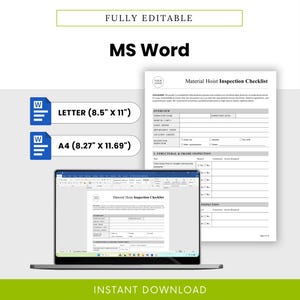 Product image showcasing the editable Microsoft Word version of the checklist on a laptop screen, with icons indicating availability in US Letter and A4 sizes. Focus on full customization and digital editing capability.