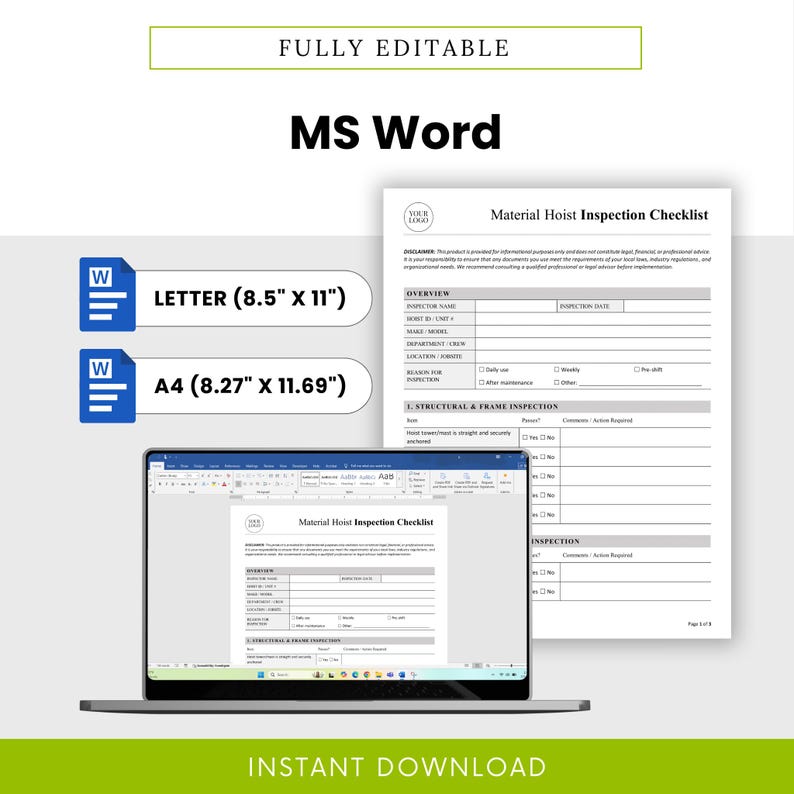 Product image showcasing the editable Microsoft Word version of the checklist on a laptop screen, with icons indicating availability in US Letter and A4 sizes. Focus on full customization and digital editing capability.