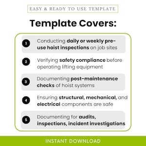 Visual list of 5 use cases for the Material Hoist Inspection Checklist, highlighting daily hoist inspections, safety compliance, post-maintenance checks, verifying mechanical safety, and documentation for audits or incidents.