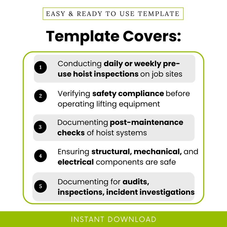 Visual list of 5 use cases for the Material Hoist Inspection Checklist, highlighting daily hoist inspections, safety compliance, post-maintenance checks, verifying mechanical safety, and documentation for audits or incidents.