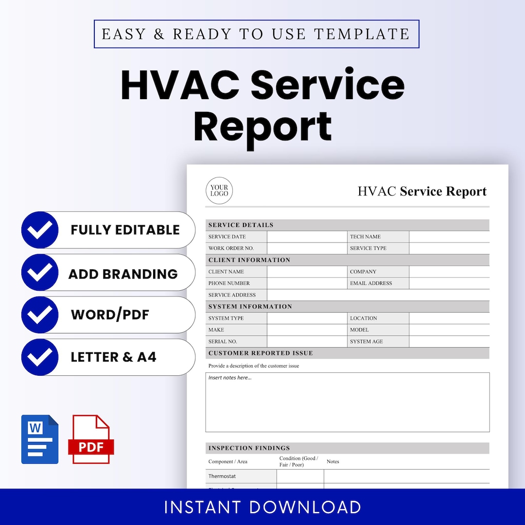 HVAC Service Report Template – Word & PDF, A4 + US Letter - Etsy