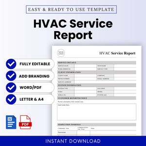 May include: HVAC service report template with sections for service details, client information, and system information. The document includes fields for tech name, service type, and customer-reported issues. The template is fully editable, allows for branding, and is available in Word/PDF formats.