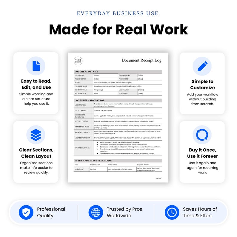 Document Receipt Log designed for real process-serving work, from receiving assignment materials and court papers to tracking custody, missing items, storage, follow-up, and final status.