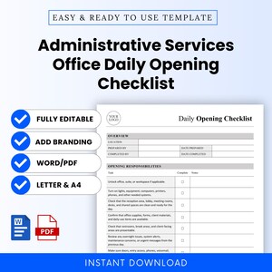Puede incluir: Una plantilla de lista de verificación diaria de apertura de oficina para servicios administrativos con secciones de resumen y responsabilidades. El documento incluye casillas de verificación, espacio para notas, es totalmente editable, compatible con Word/PDF y tamaño A4.
