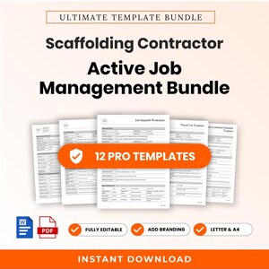 Könnte beinhalten: Ein digitales Dokumentenpaket mit dem Titel Ultimate Template Bundle Scaffolding Contractor Active Job Management Bundle, das 12 Profi-Vorlagen, vollständig bearbeitbar, Branding-Optionen, Letter- und A4-Format, Sofort-Download sowie Word- und PDF-Symbole enthält.