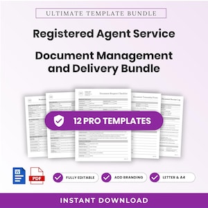 Pode incluir: Um pacote de documentos digitais intitulado Ultimate Template Bundle para serviços de agente registrado, gestão e entrega de documentos. Inclui 12 modelos profissionais em formatos Word e PDF, com formulários editáveis.