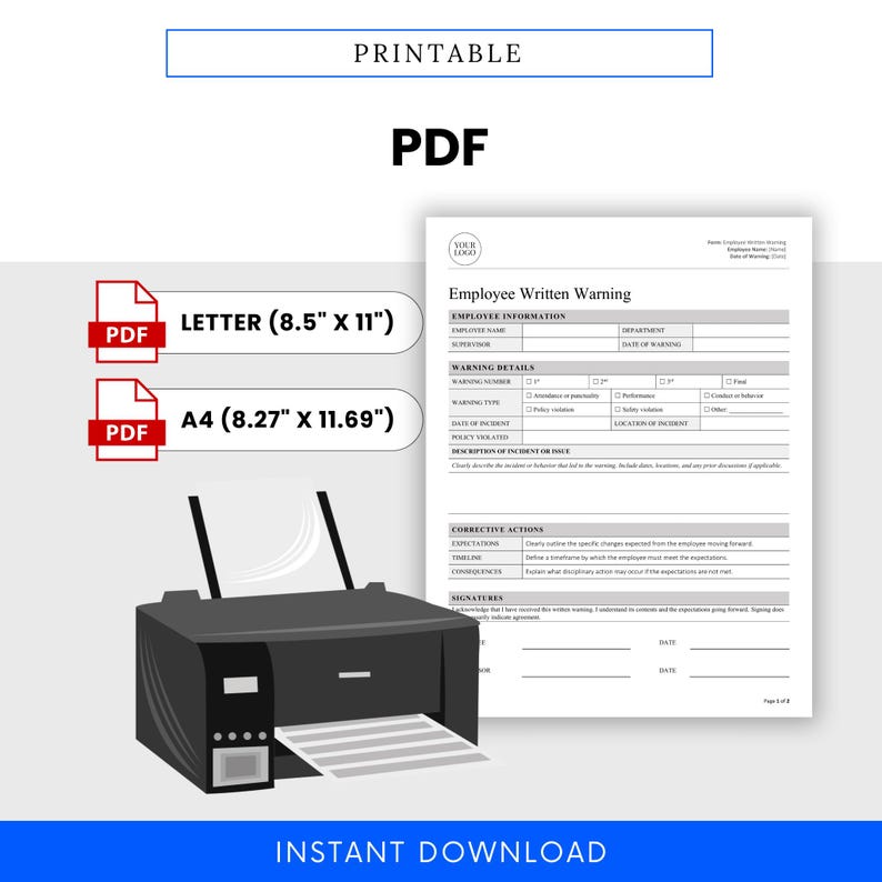 Employee Written Warning Template (word, PDF) | Editable Employee ...
