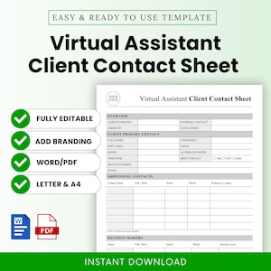 Könnte beinhalten: Eine druckbare Vorlage für ein Virtual Assistant Client Contact Sheet. Das weiße Dokument enthält Felder für Kundeninformationen, Kontaktdaten und Entscheidungsträger. Zu den Funktionen gehören volle Bearbeitbarkeit, Branding-Optionen und Word/PDF-Formate.