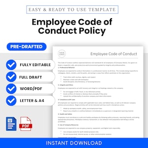 Employee Code of Conduct Policy Template (Word, PDF) | Simple Human Resources HR Template, Small Business Policy Document, Printable