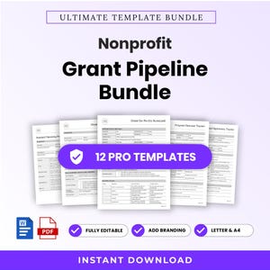 Op de afbeelding: Een digitaal Nonprofit Grant Pipeline-pakket met 12 professionele sjablonen in Word- en PDF-formaat. De set bevat een Grant Go-No-Go Scorecard, Program Outcome Tracker en Opportunity Tracker, geschikt voor zowel letter- als A4-papierformaten.
