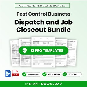 Könnte beinhalten: Ein digitales Dokumentenpaket mit dem Titel Ultimate Template Bundle für die Einsatzplanung und den Abschluss von Schädlingsbekämpfungsaufträgen. Enthält 12 bearbeitbare Vorlagen mit Branding-Optionen als Word- und PDF-Dateien.