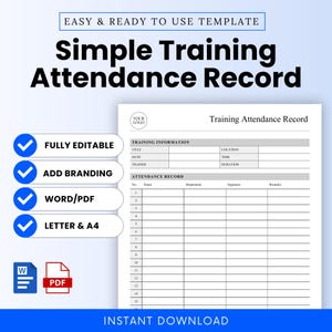 Simple Training Attendance Record Template (Word, PDF) | Workshop Attendance Tracker, Training Session Attendance Sheet, Training Log