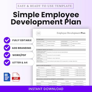 Peut inclure: Un modèle de plan de développement des employés simple sur fond blanc. Le document comprend des sections pour les informations sur les employés, les objectifs, le développement des compétences et les activités de formation. Le texte comprend "Entièrement modifiable" et "Téléchargement instantané".