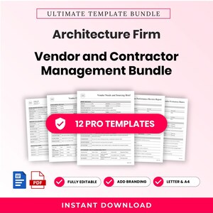 Op de afbeelding: Ultimate Template Bundle voor leveranciers- en contractbeheer voor architectenbureaus. Bevat 12 professionele, volledig bewerkbare sjablonen met branding-opties in letter- en A4-formaat. Digitale Word- en PDF-documenten.