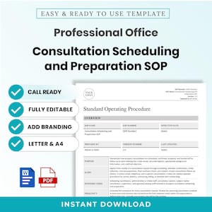Può includere: Un modello di procedura operativa standard per la pianificazione e la preparazione di consulenze professionali. Il documento include sezioni per panoramica, scopo, ambito, utenti previsti e frequenza. Disponibile nei formati Letter e A4.