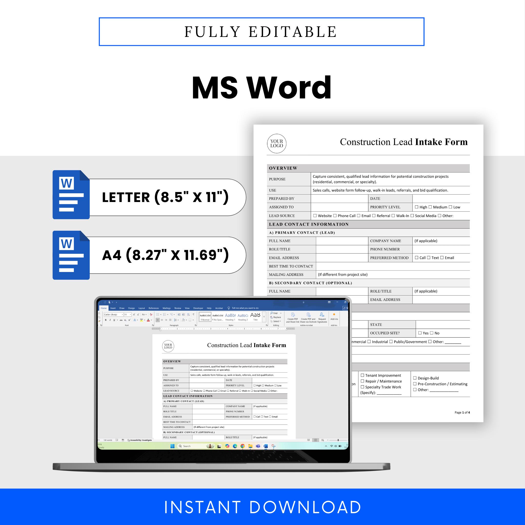 Construction Lead Intake Form Template – Word & PDF, A4 + US Letter - Etsy