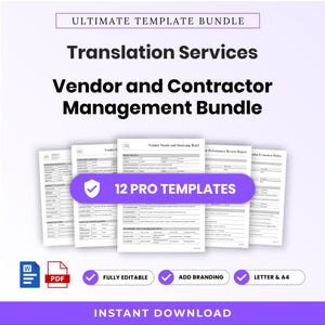 Może przedstawiać: Ultimate Template Bundle zawierający Translation Services oraz Vendor and Contractor Management Bundle. Zawiera 12 profesjonalnych szablonów, ikony Word i PDF, w pełni edytowalne, możliwość dodania brandingu, formaty letter i A4. Natychmiastowe pobranie.