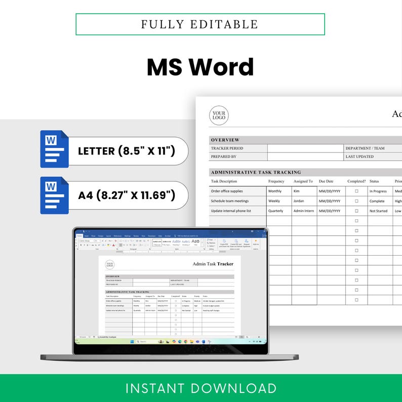 Marketing image showing the Admin Task Tracker open in Microsoft Word on a laptop. Highlights that the template comes in both US Letter and A4 sizes. Simple design with Word icons and green accent elements for visual appeal.