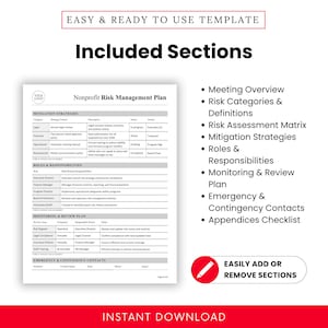 Detailed breakdown of all pre-written sections in the editable Nonprofit Risk Management Template. Includes roles and responsibilities, contingency contacts, and review schedules—ideal for nonprofits preparing for audits or policy updates.