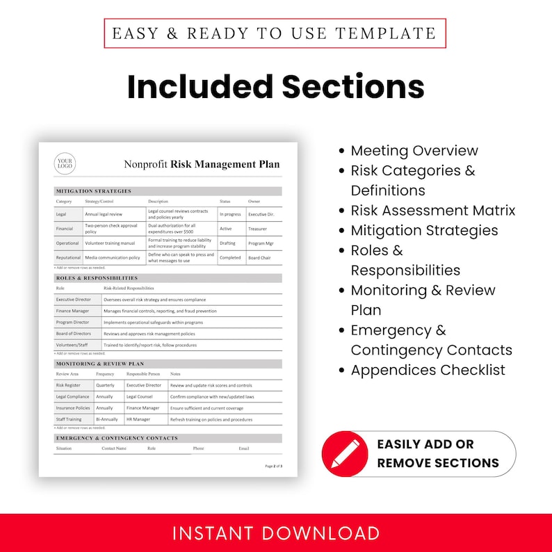Detailed breakdown of all pre-written sections in the editable Nonprofit Risk Management Template. Includes roles and responsibilities, contingency contacts, and review schedules—ideal for nonprofits preparing for audits or policy updates.
