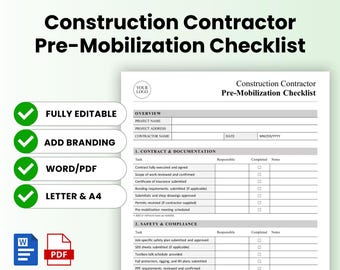 Construction Contractor Pre-Mobilization Checklist Template – Word & PDF, A4 + US Letter